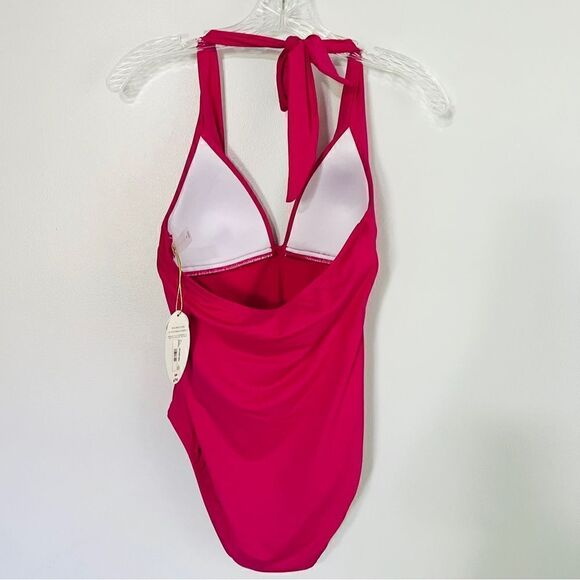 NWT New Mynah One Piece Halter Swimsuit Magenta Faux Belt Small Pink - Picture 6 of 7